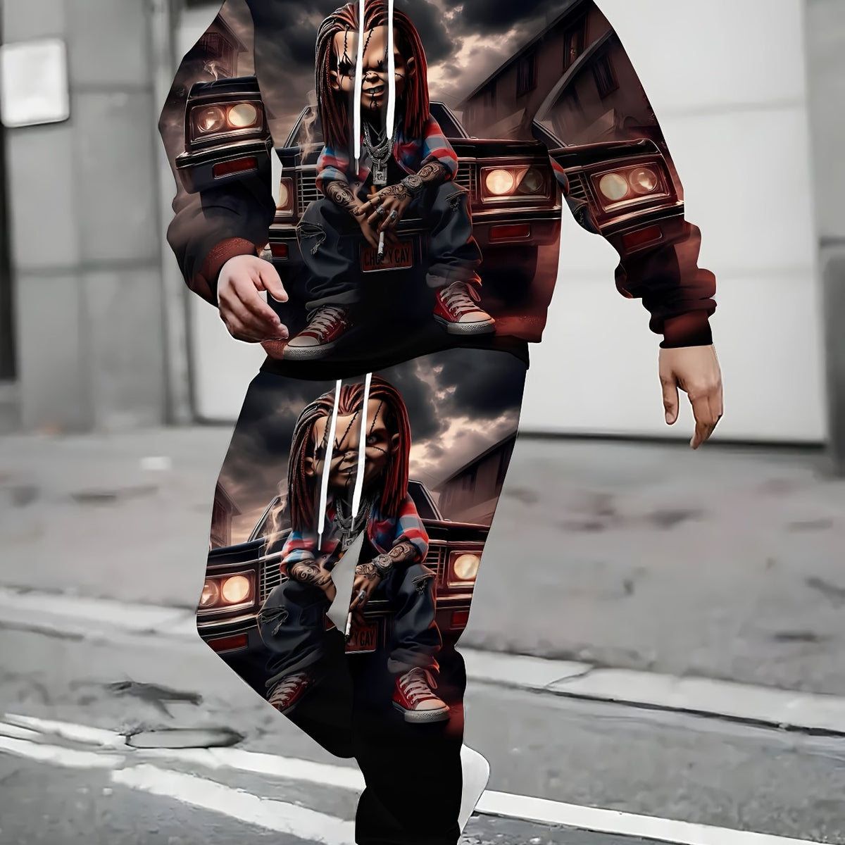 Men Casual Novelty Car-Themed Polyester Sportswear Long Sleeve Hooded Sweatshirt & Pants Tracksuit