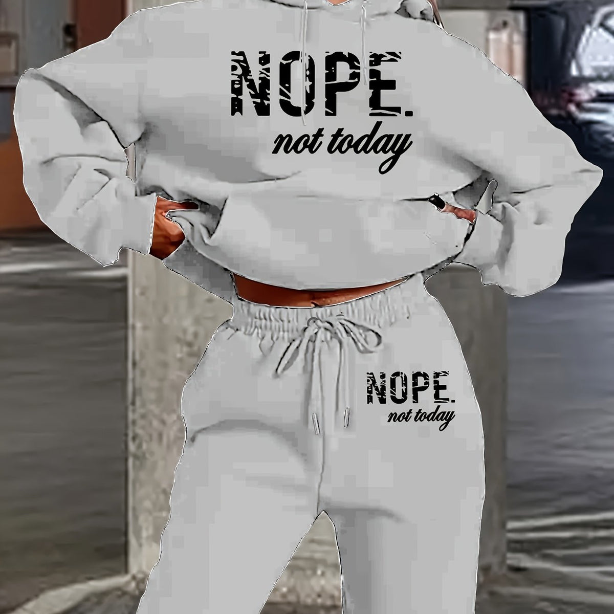 Women Casual Polyester Two-Piece"NOPE Not Today" Letter Print, Hooded Sweatshirt with Pockets & Drawstring Joggers