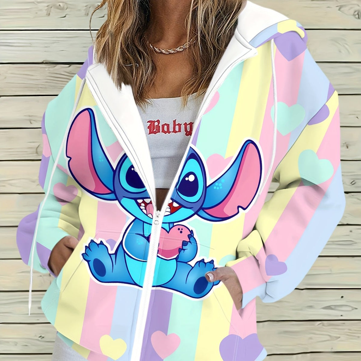 Stitch Cartoon 3D Printed Blue & Pink Design, White Casual Sweatshirt Drawstring Hoodie