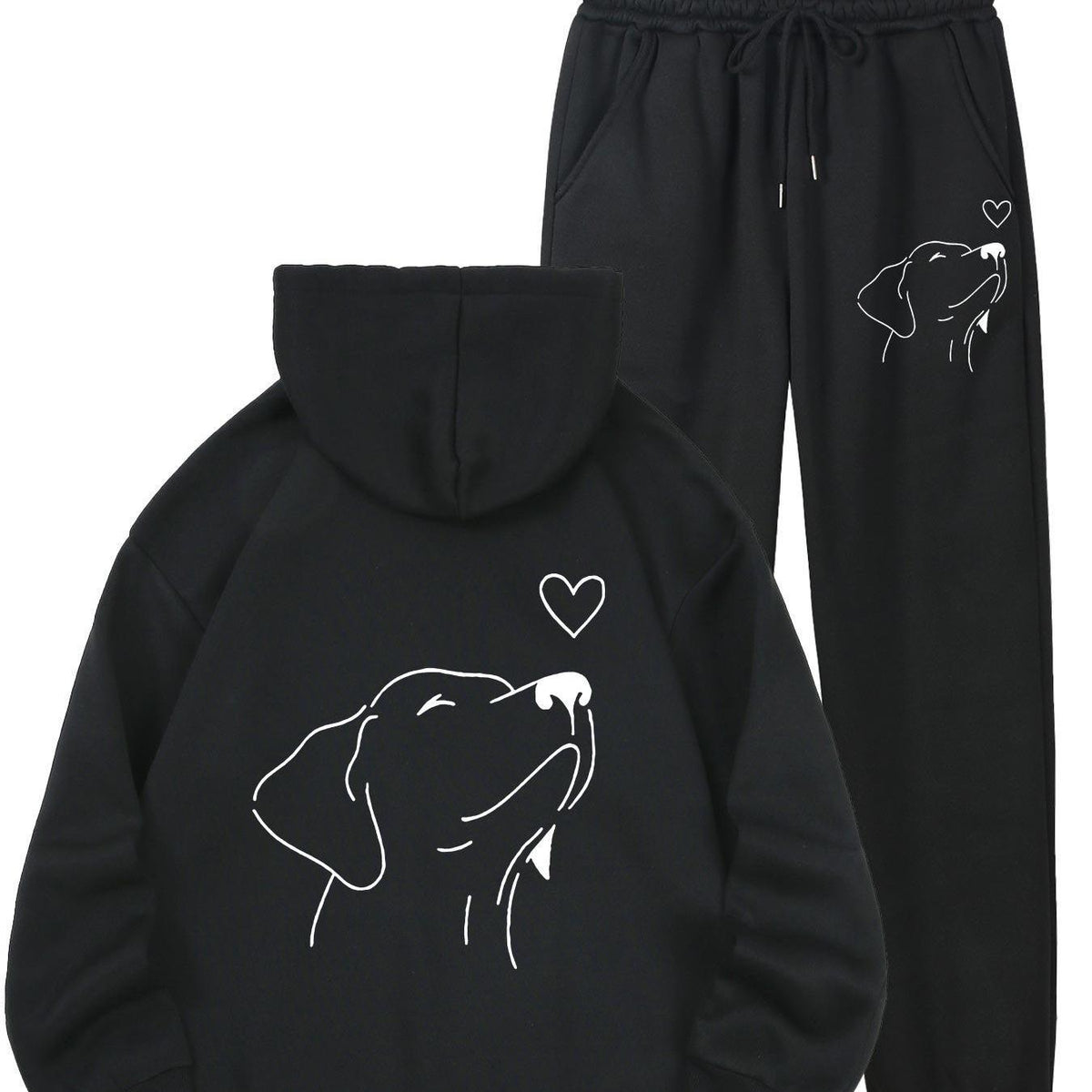 Women's Autumn and Winter Fleece-Lined Hoodie Set with Dog Print, Fashion Long Sleeve Sweatshirt Outfit
