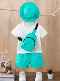 2pcs Adorable Bear Print Summer Outfit Bundle - Soft T-shirt, Cute Hat, Reusable Bag, and Elastic Waist Shorts for Infant & Toddler Boys - Stylish, Comfortable, and Practical Clothing Set