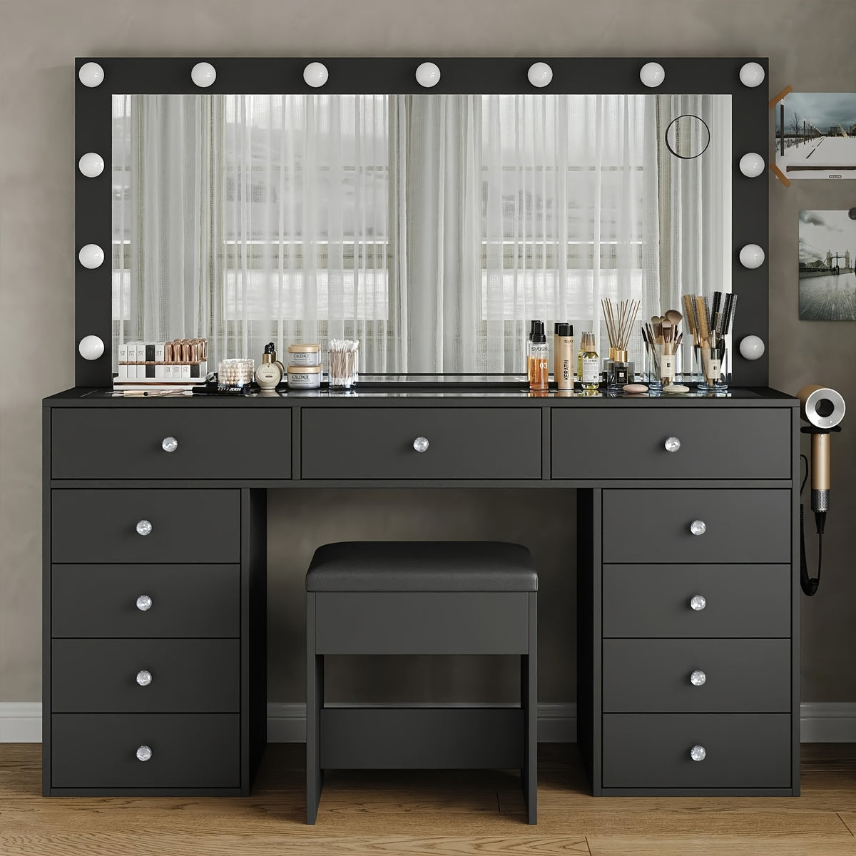 11 Drawers Makeup Vanity With Charging Station, Vanity Desk With 13 LED Bulbs And HD Mirror, 3 Color Brightness Adjustable, Glass Top Vanity Set For Bedroom, White