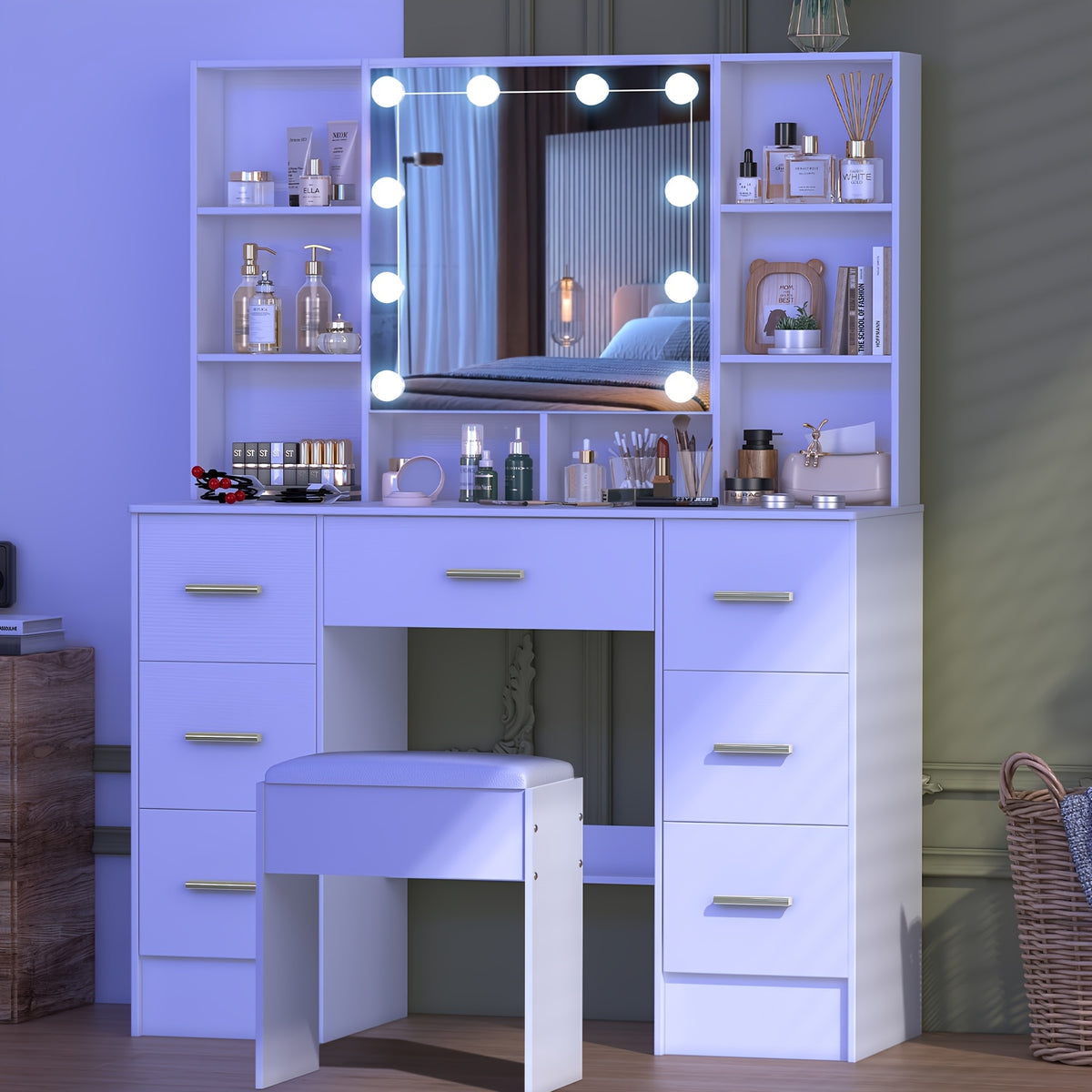 Vanity Desk Vanity De MaquillajeDresser Set With LED Illuminated Mirror, 7 Drawers, Multiple Compartments, Stool Included, Birthday, Christmas, New Year Gift.