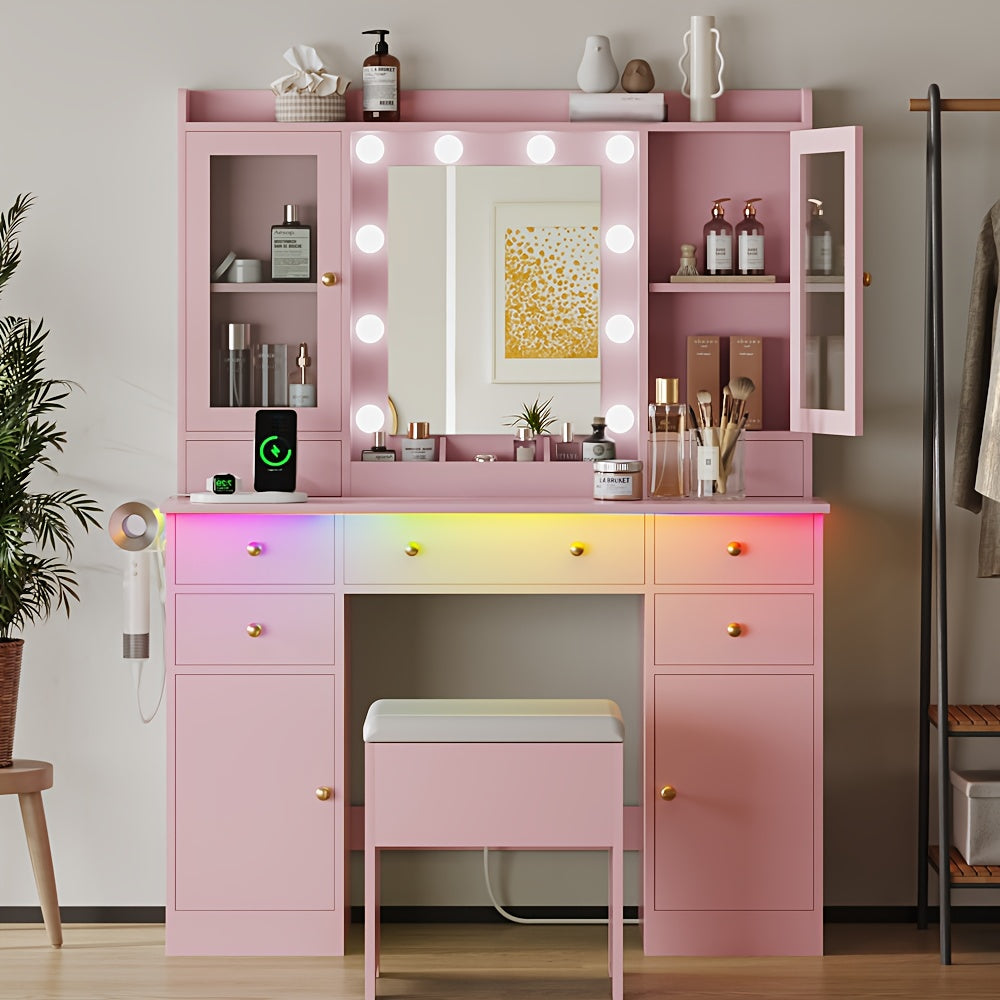 Vanity Desk Set with Mirror and Lights, White Vanity Table with Stool & 7 Drawers and Glass Cabinets, Makeup Table with 3 Lights Mode for Bedroom