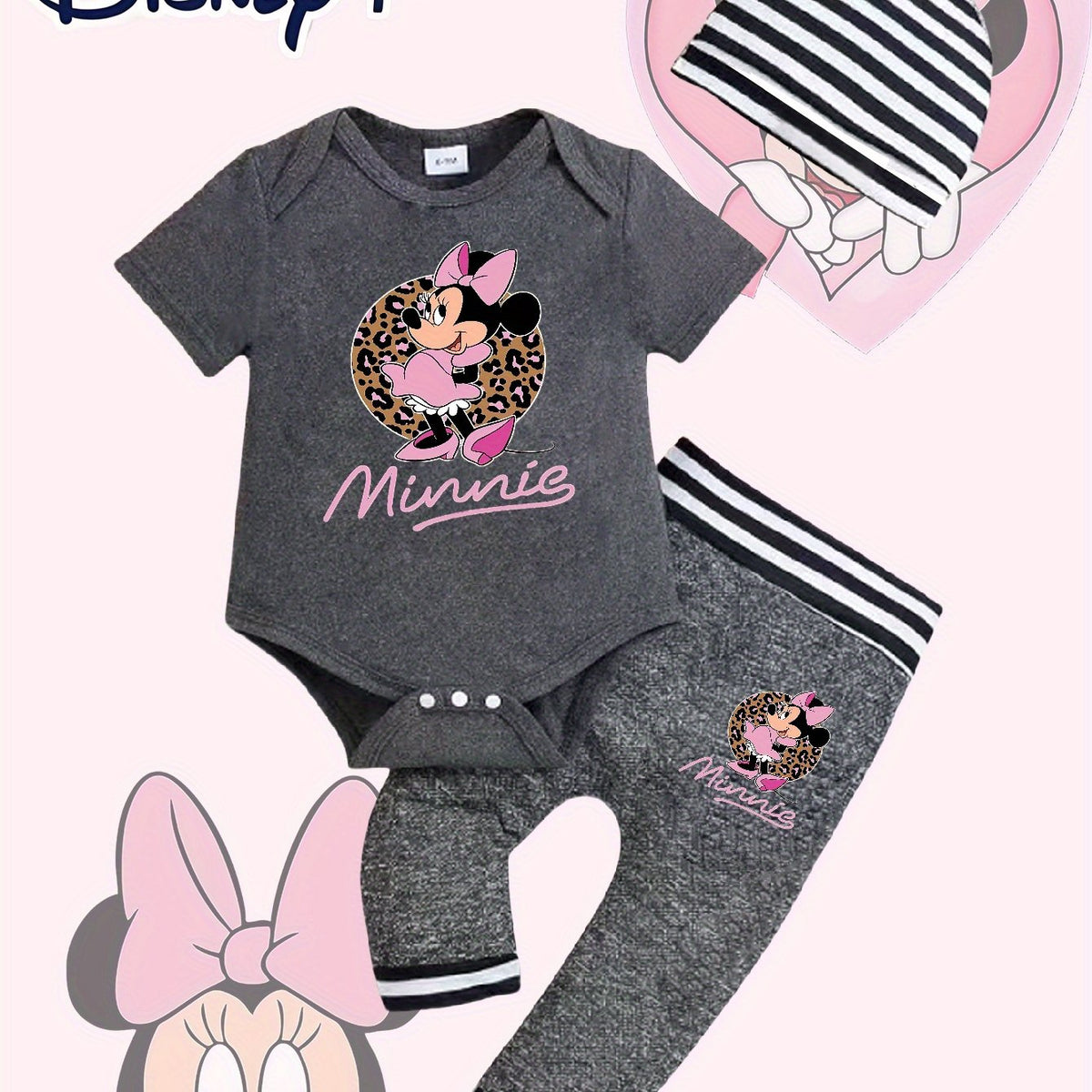 Newborn Baby Boys Girls in Dark Grey Casual Cute Leopard Print Minnie Cartoon Pattern Print Knit Short Sleeve Romper + Long Pants + Striped Hat Outfit, Regular Fit
