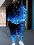 Men Plus Casual Blue Flame Print Large Size Sweatshirt And Pants Two-Piece Set