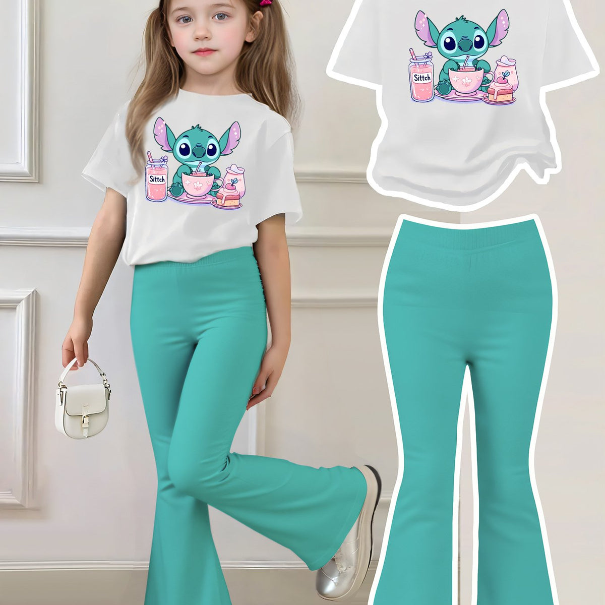 Girls Disney Cartoon Print Short Sleeve T-Shirt and Flare Pants Set