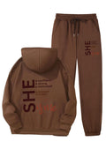 Women Cozy Fleece-Lined Hoodie & Sweatpants Letter Print Set