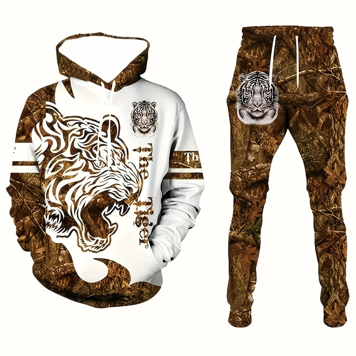 Men Casual Hooded Sweatshirt and Pants Set Tiger Print, Long Sleeve Pullover Hoodie Pockets & Drawstring Joggers