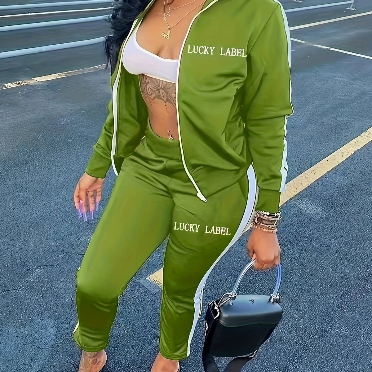 Women Casual  Green "Lucky" Embroidered Letter Print Zip-Up Long Sleeve Pantsuit