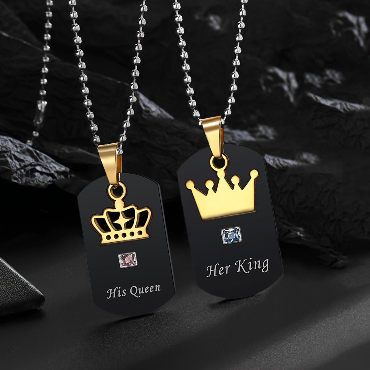 2 Fashionable And Romantic Crown Synthetic Zirconia Square Pendant Stainless Steel Necklace for Couples to Give Valentine'S Day Accessories