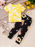Girls Casual Two-Piece Portrait Print T-Shirt + Sunflower Print Pants Set