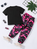 Girl Letter Car Pattern T-shirt + Camouflage Pattern with Flip Pocket Loose Work Pants  Set