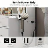 YANOSAKU 9 Dawers Vanity Desk with Mirror & Lights, Adjustable 3-Color Lighting, Glass Top, Power Outlet, 4 Shelves, Foldable Panel & Chair, Modern White Wood & MDF/Artificial Wood, 27" Height, 3.2 Cu Ft Storage, US Plug, Ide