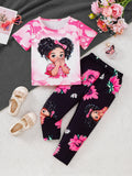 Girls Casual Two-Piece Portrait Print T-Shirt + Sunflower Print Pants Set