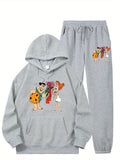 Women Cartoon Character Printed Warm Long Sleeve Hoodie  Kangaroo Pocket Sweatpants Set