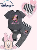 Newborn Baby Boys Girls in Dark Grey Casual Cute Leopard Print Minnie Cartoon Pattern Print Knit Short Sleeve Romper + Long Pants + Striped Hat Outfit, Regular Fit