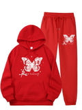 Women Casual Long Sleeve Hoodie with Pocket and Joggers, Butterfly Print Polyester Set