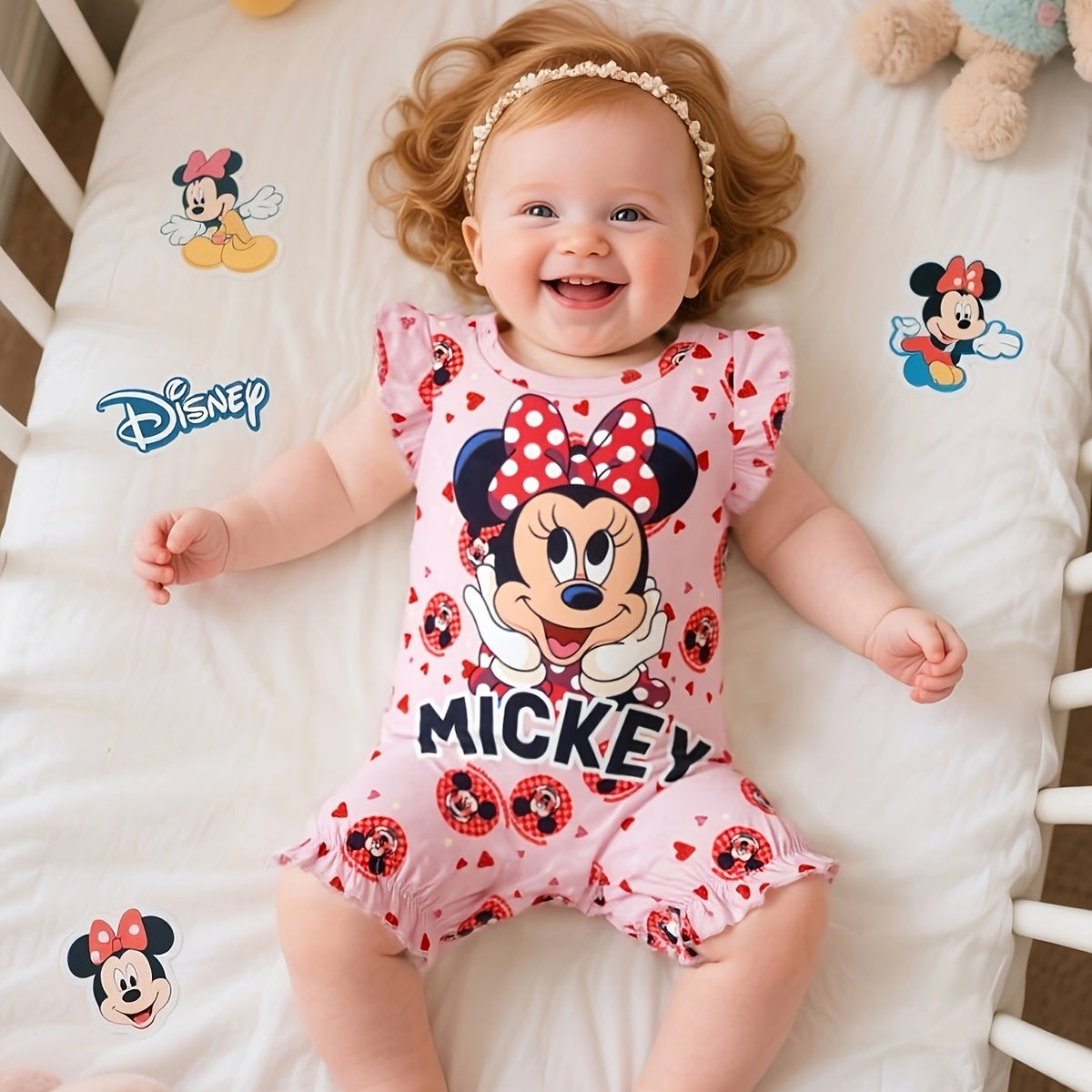 Girls Disney Minnie Bow knot Print One-piece Romper Bodysuit