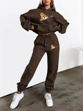 Women Casual Bear Print Hoodie & Joggers Pockets Set