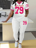 Casual Striped Baseball Element V-Neck Short Sleeve Top with Long Pants Set