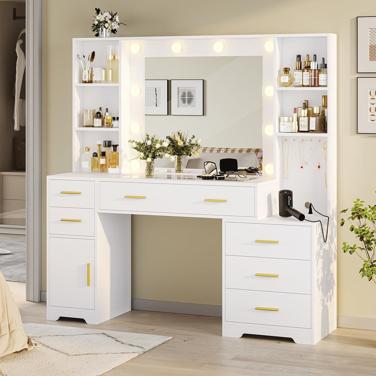 Large Dressing Table With Lighted Mirror And Electrical Outlet, With 6 Drawers, 4 Shelves And 1 Storage, Makeup Vanity, White