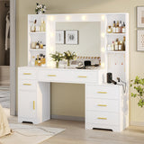 Large Dressing Table With Lighted Mirror And Electrical Outlet, With 6 Drawers, 4 Shelves And 1 Storage, Makeup Vanity, White